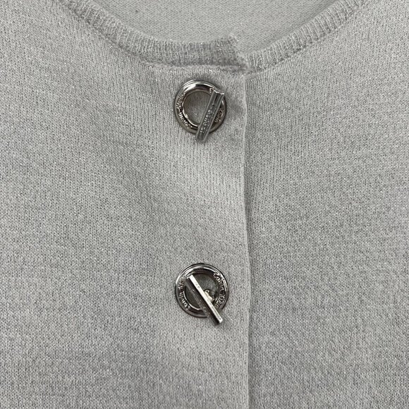 Metallic Cropped Sweater Large Calvin Klein Silver Knit Cardigan Toggle Buttons - Picture 3 of 7